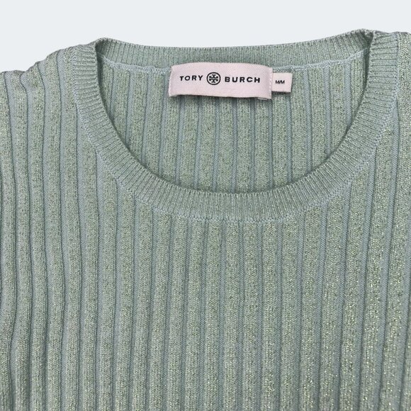Tory Burch Lurex Stripe Metallic Ribbed Knit Side-Button Sweater Clear Mint M - Picture 4 of 14